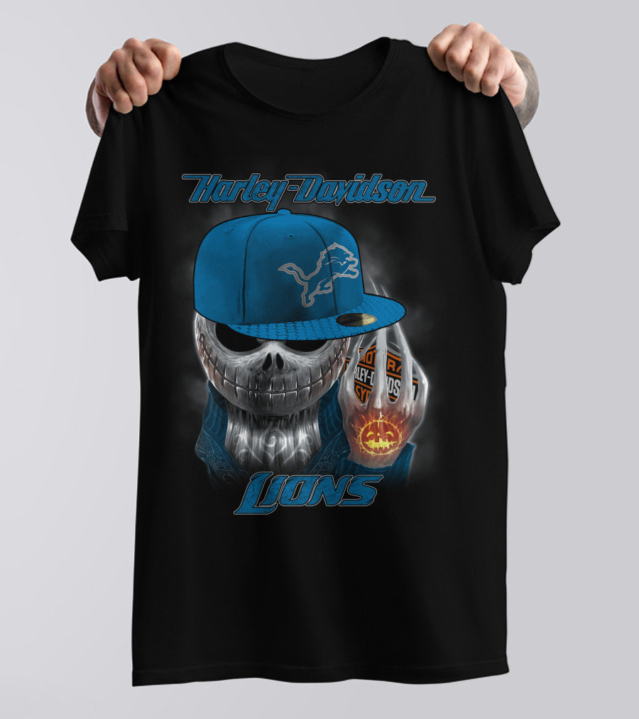 Harley Davidson Detroit Lions Skull With Cap Halloween Pumpkin T-Shirt