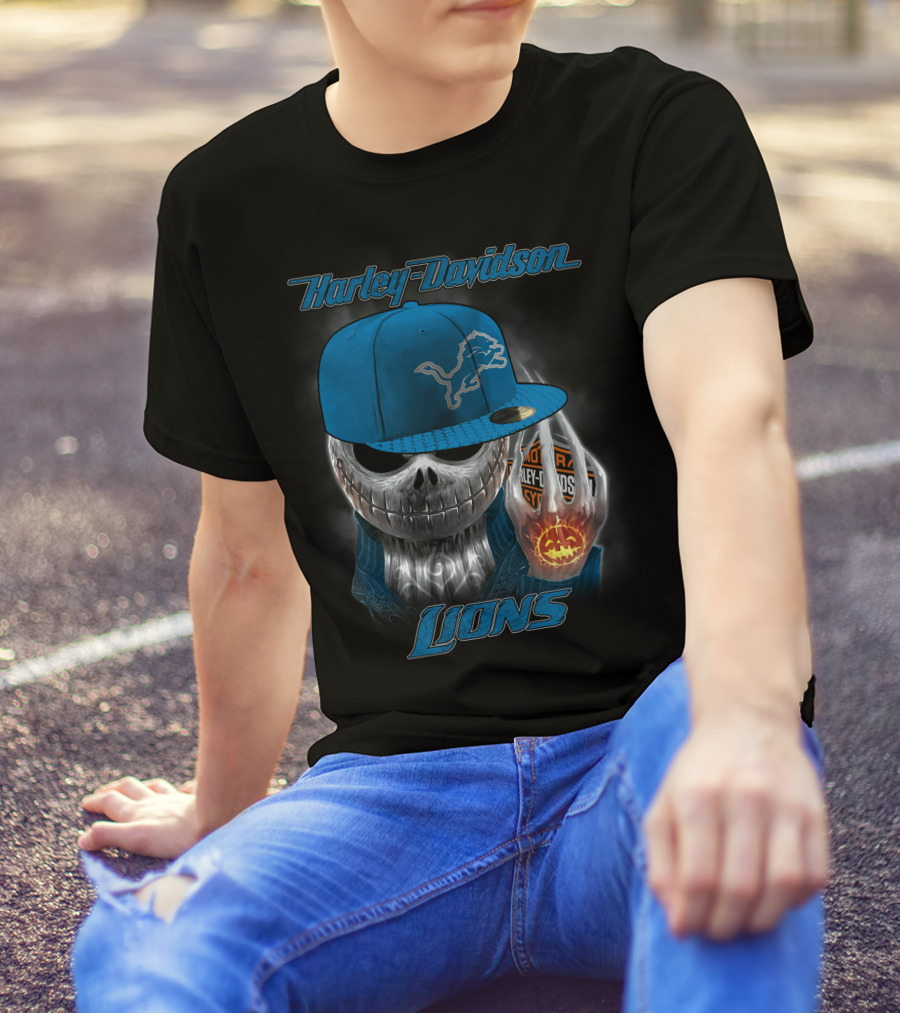 Harley Davidson Detroit Lions Skull With Cap Halloween Pumpkin T-Shirt