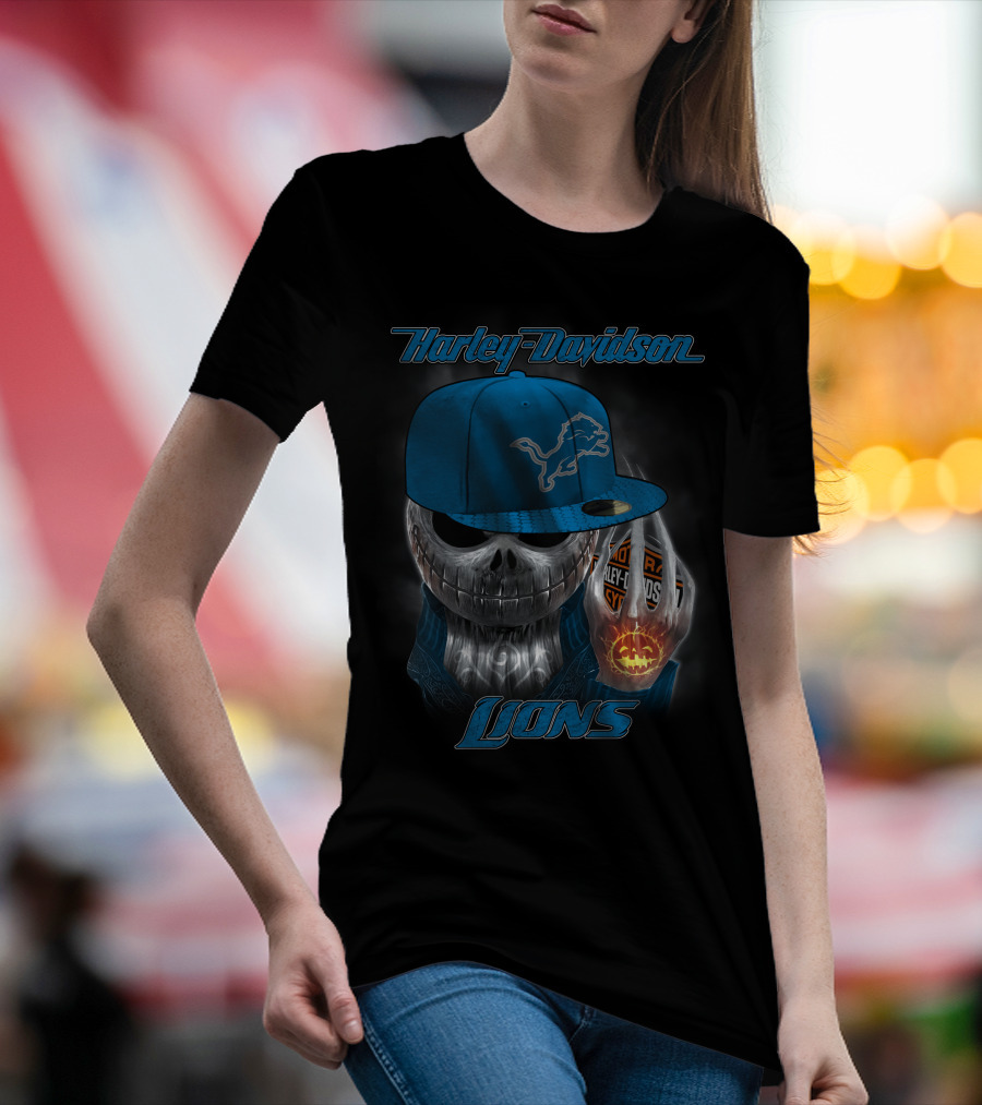 Harley Davidson Detroit Lions Skull With Cap Halloween Pumpkin T-Shirt