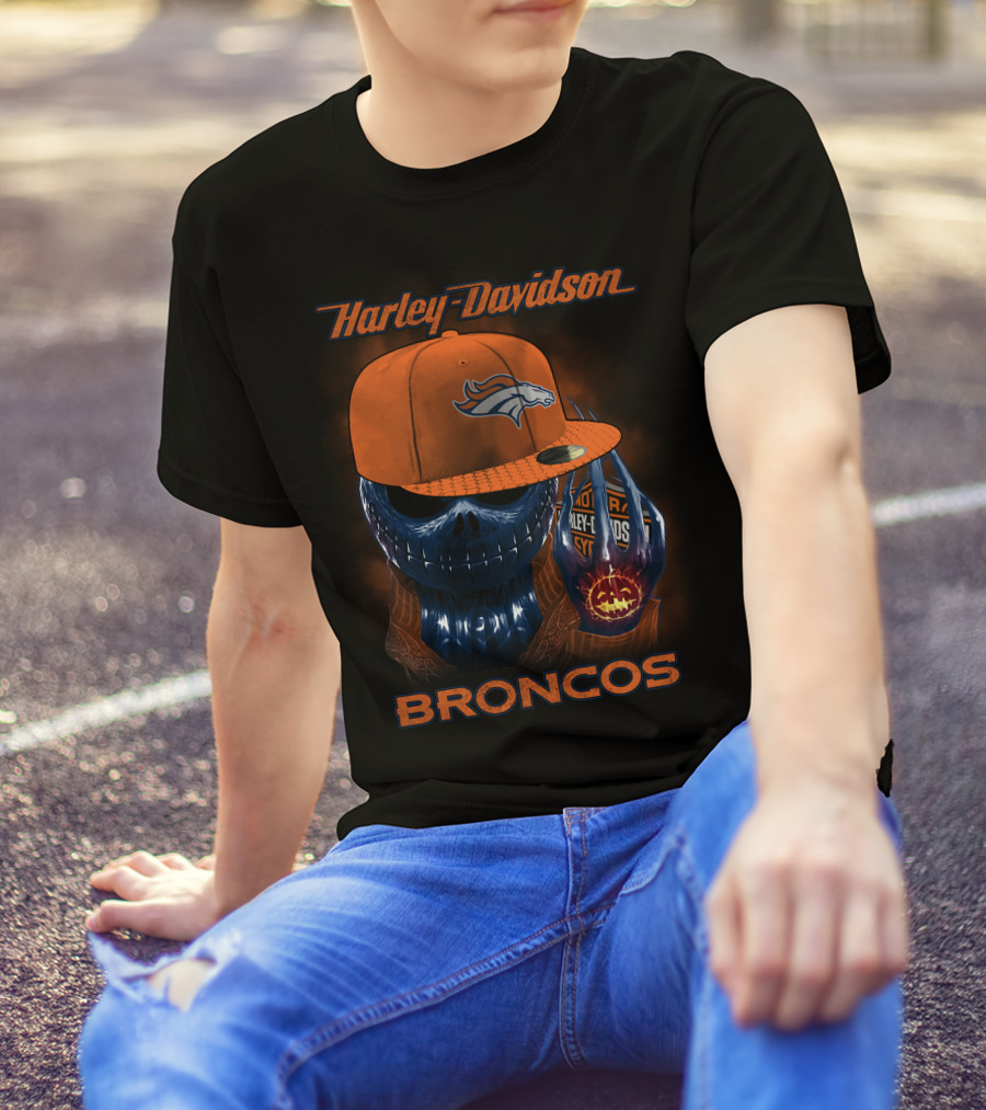 Harley Davidson Broncos Denver Broncos Skull With Hat T-Shirt