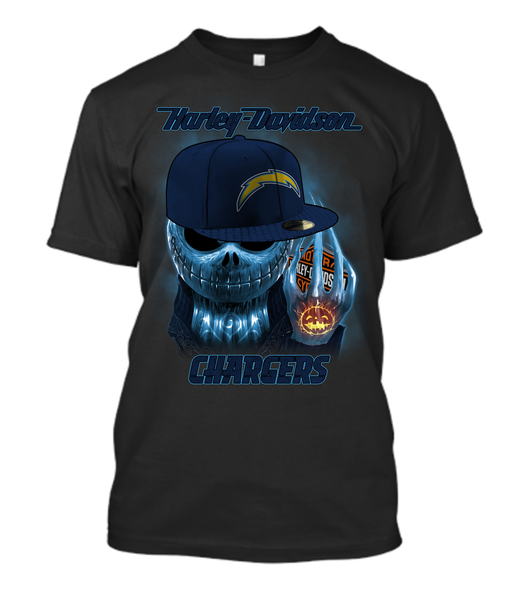 Harley Davidson Los Angeles Chargers Halloween Skeleton With Cap T-Shirt