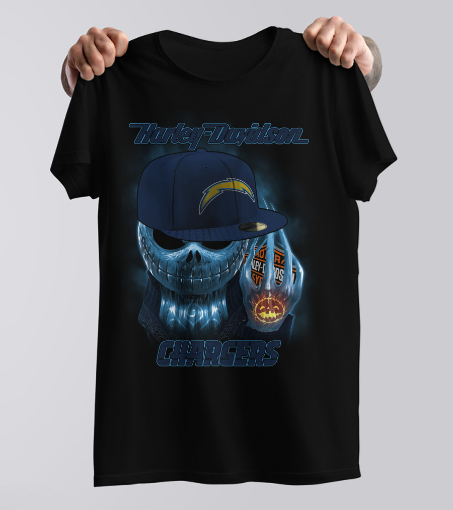 Harley Davidson Los Angeles Chargers Halloween Skeleton With Cap T-Shirt