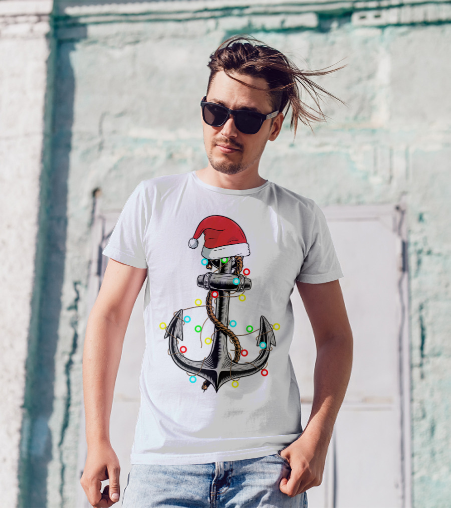 Christmas Lights Santa Hat Anchor Boating Sailing Funny Boat T-Shirt