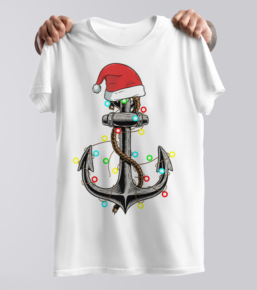 Christmas Lights Santa Hat Anchor Boating Sailing Funny Boat T-Shirt
