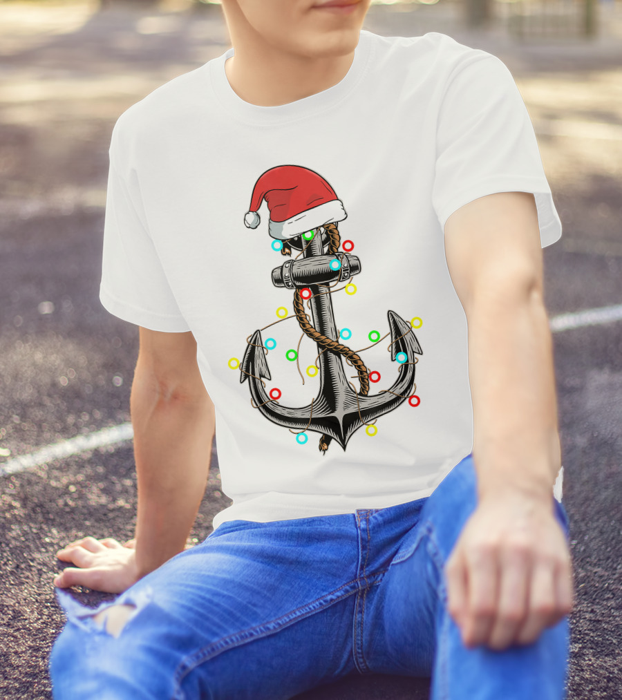 Christmas Lights Santa Hat Anchor Boating Sailing Funny Boat T-Shirt