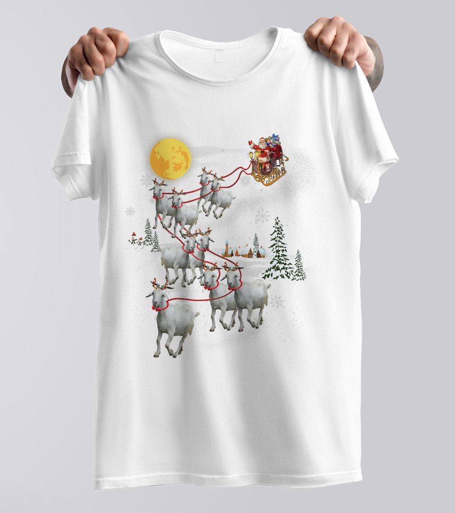 Funny Santa Riding Goat Ugly Christmas Pet Lover Sleigh With Goats And Moon T-Shirt