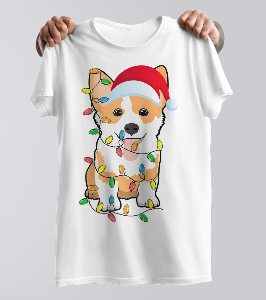 Christmas Corgi Funny Santa Hat Xmas Lights Raglan Baseball T-Shirt