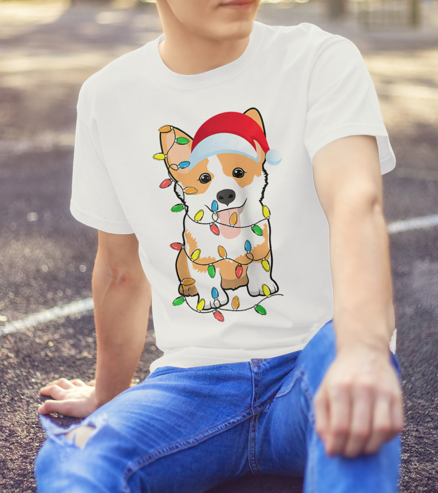 Christmas Corgi Funny Santa Hat Xmas Lights Raglan Baseball T-Shirt