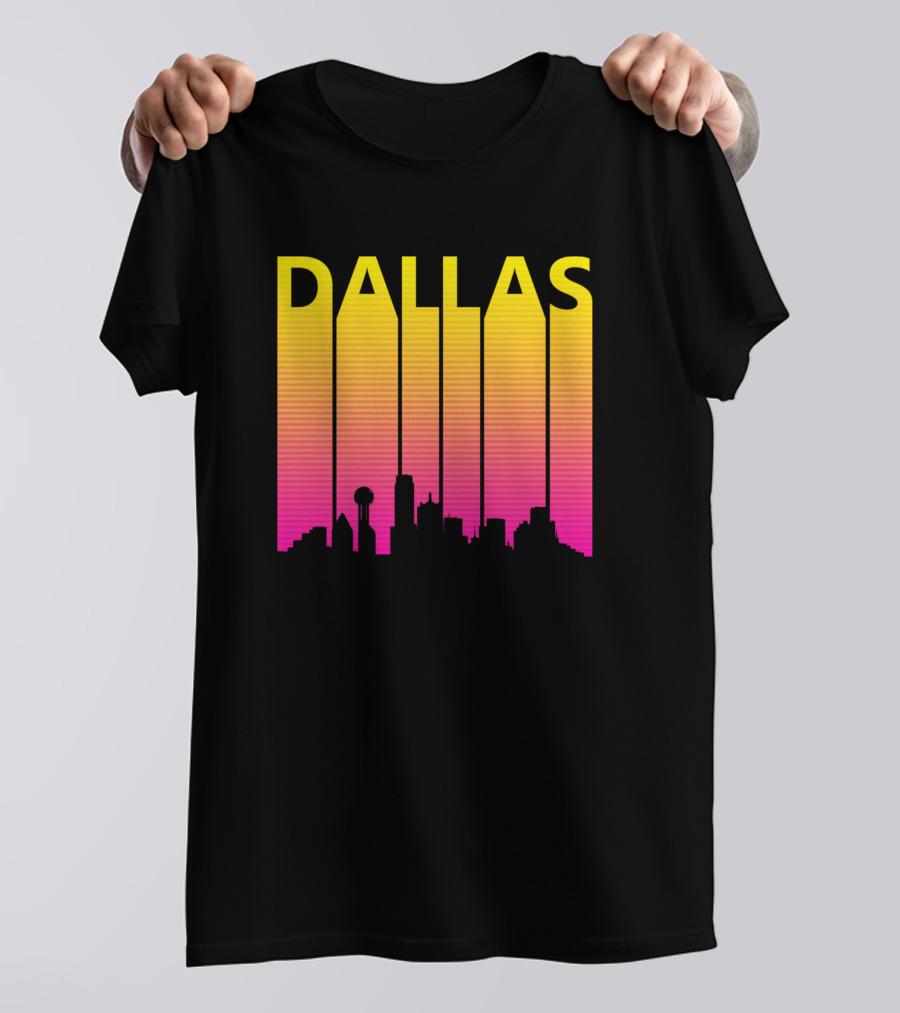 Dallas 1980s Retro Skyline Silhouette In Neon Gradient T-Shirt