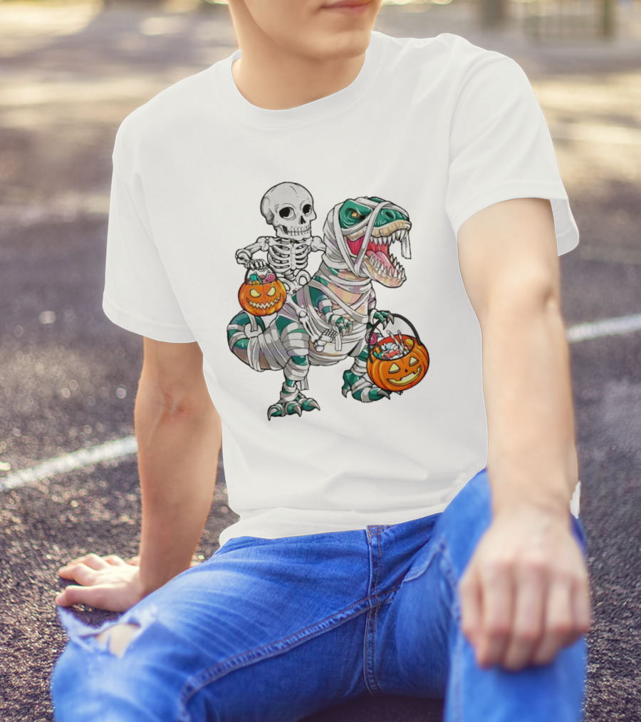 Spooky Saurus Rex Skeleton With Halloween Pumpkin Duo T-Shirt