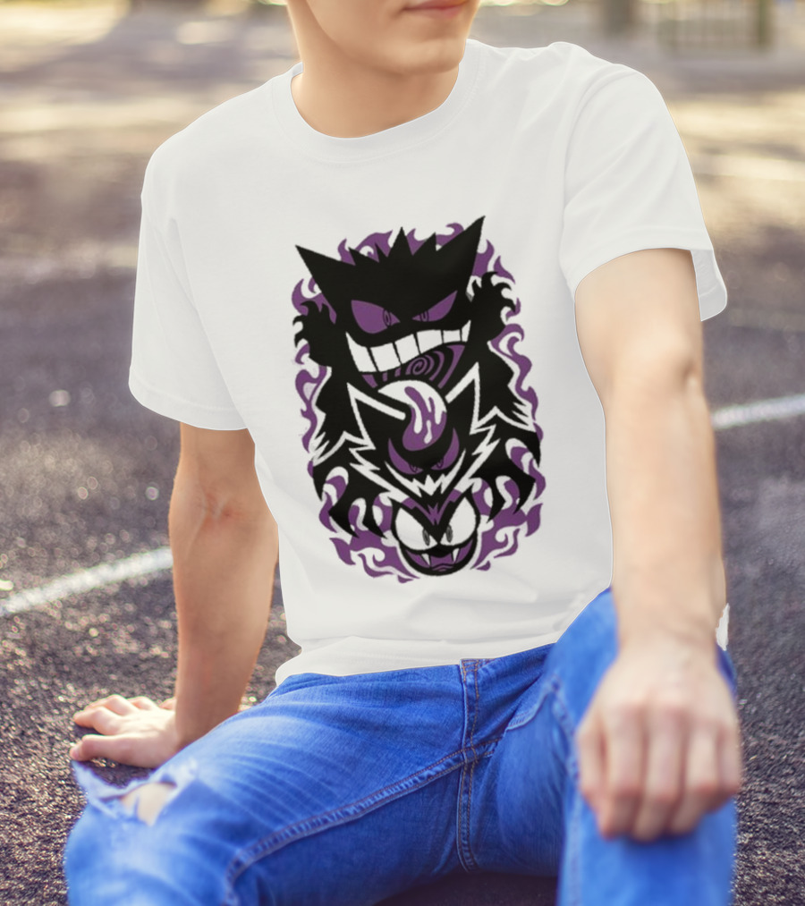 Versiris Spooky Gastly Ghouls Haunter Gengar Silhouettes With Purple Flames T-Shirt