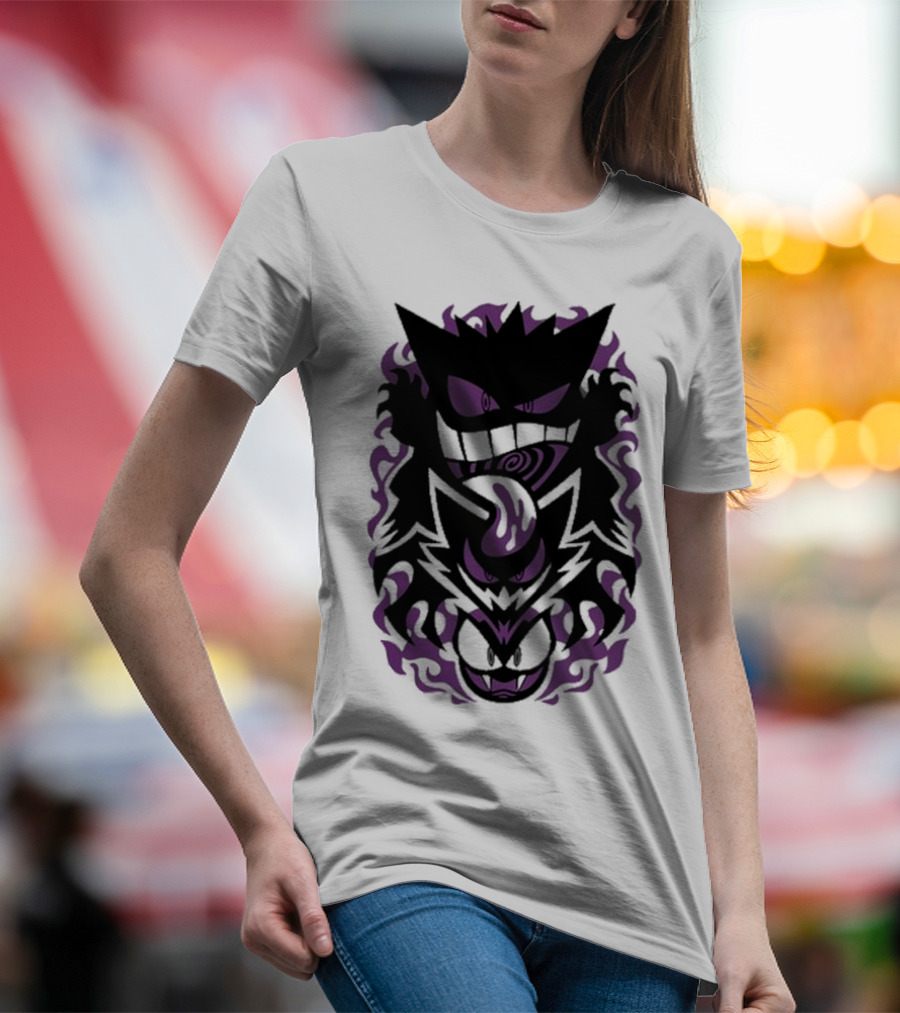 Versiris Spooky Gastly Ghouls Haunter Gengar Silhouettes With Purple Flames T-Shirt