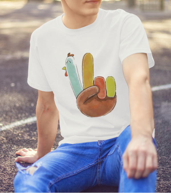 Thanksgiving Hand Gesture Cute Turkey Peace Sign Holiday Fun T-Shirt