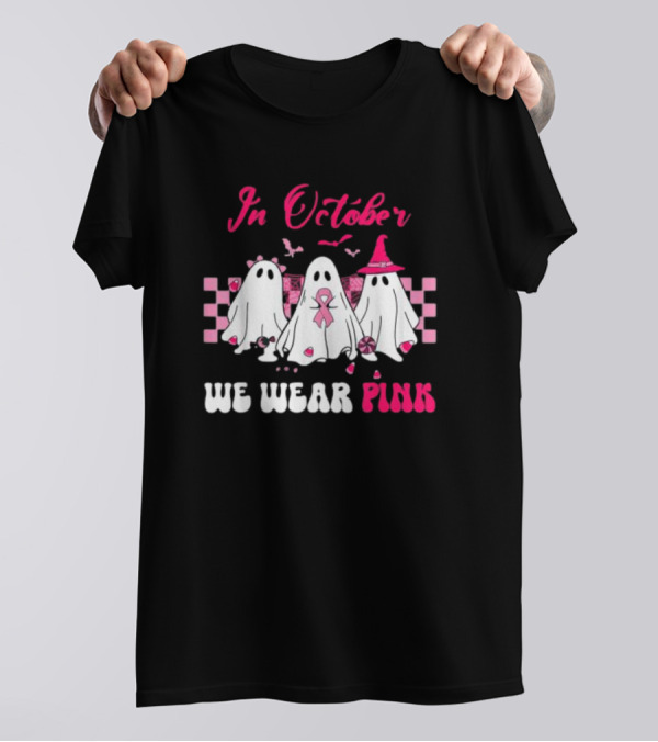 In October We Wear Pink Breast Cancer Ghost Halloween Groovy T-Shirt