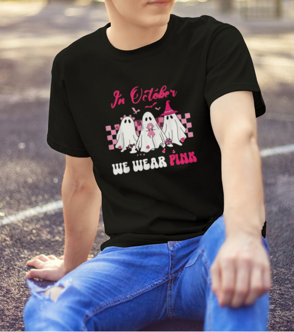 In October We Wear Pink Breast Cancer Ghost Halloween Groovy T-Shirt