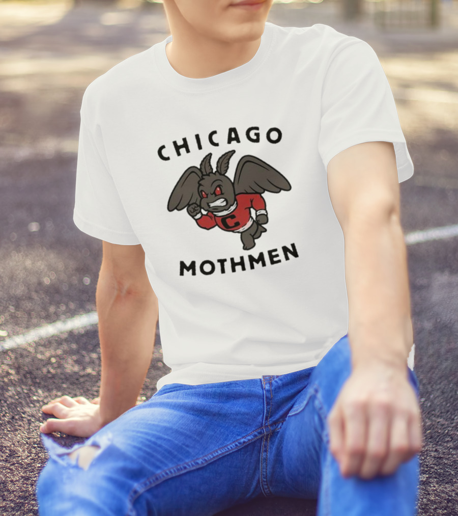 Chicago Mothmen Harebrained Design Winged Mascot C Logo Red Eyes T-Shirt