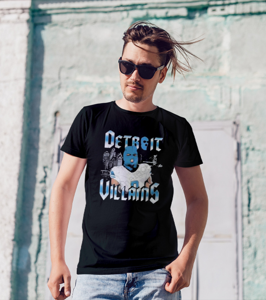 Detroit Villains Football Blue Masked Player Featuring City Skyline T-Shirt
