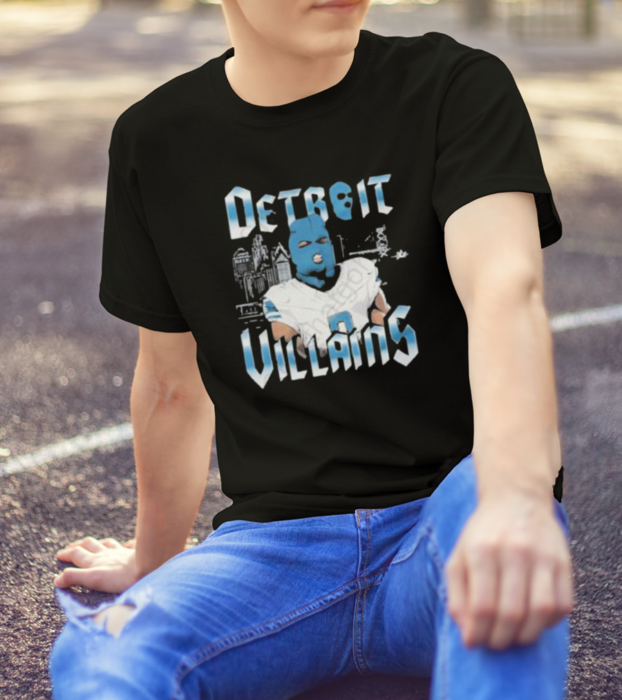 Detroit Villains Football Blue Masked Player Featuring City Skyline T-Shirt
