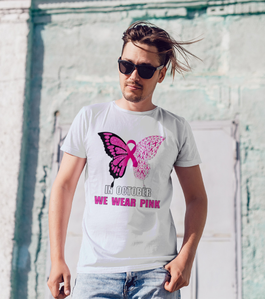 In October We Wear Pink Butterfly Ribbon Breast Cancer Awareness T-Shirt