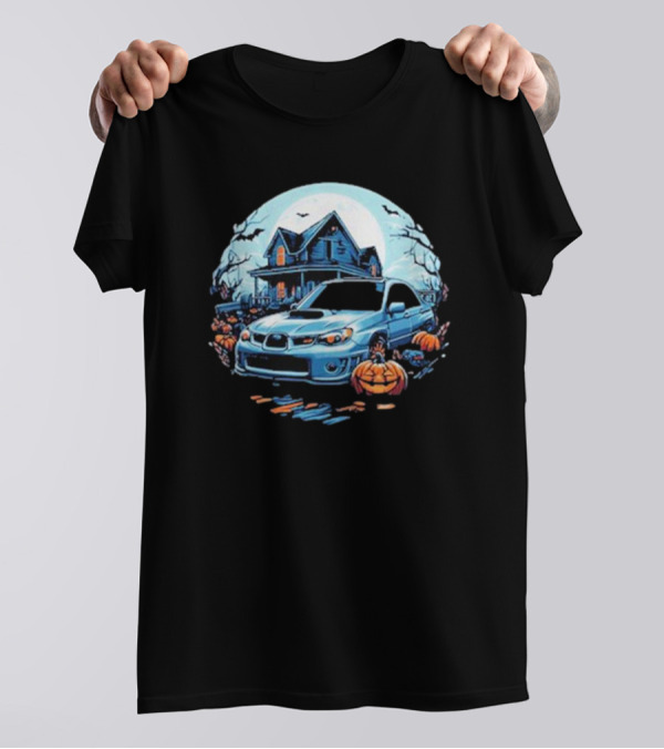 The Car Scene Network Halloween Haunted House With Pumpkins And Bats T-Shirt