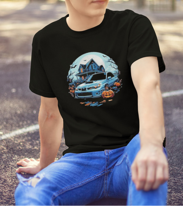The Car Scene Network Halloween Haunted House With Pumpkins And Bats T-Shirt