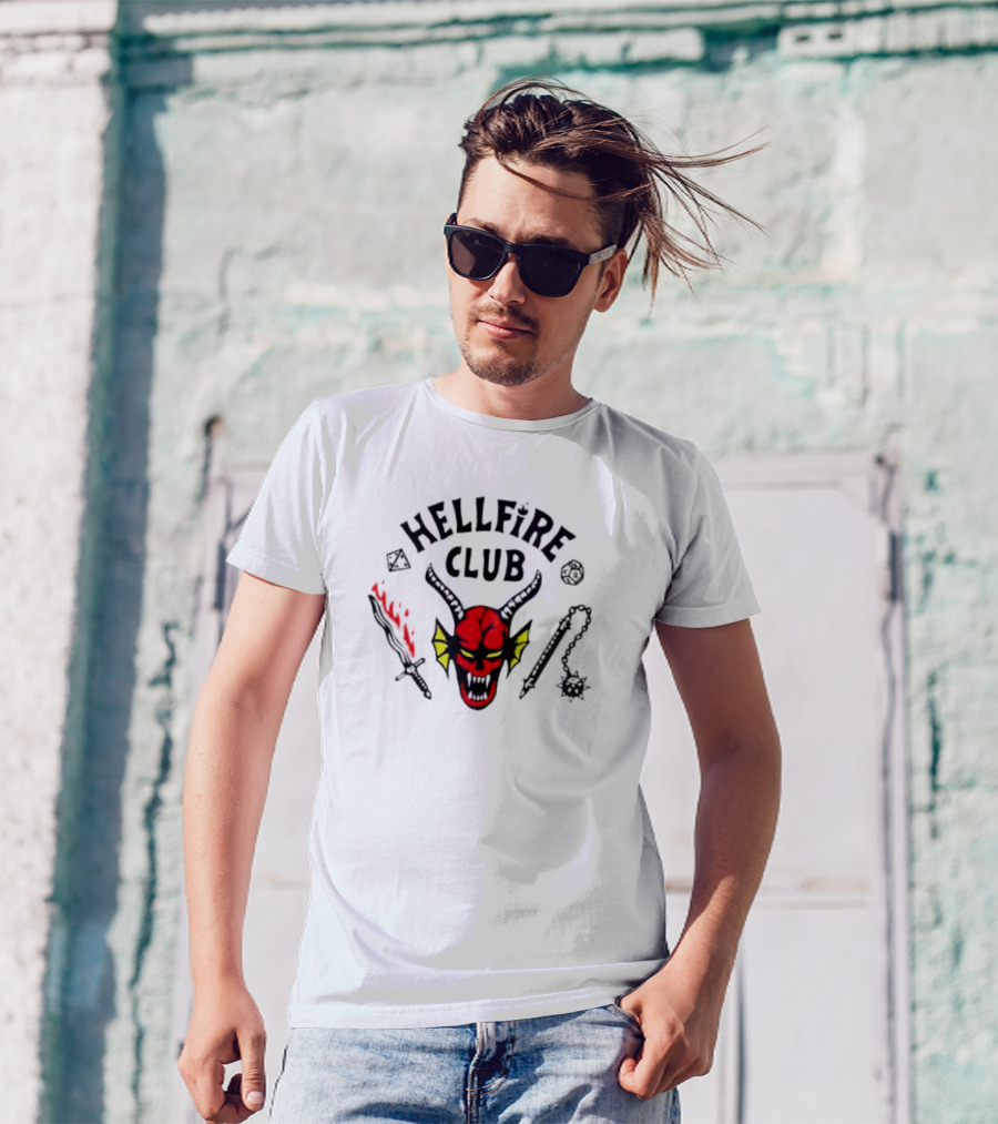 Hellfire Club Devil Head Flaming Sword Dice Chain Mace T-Shirt