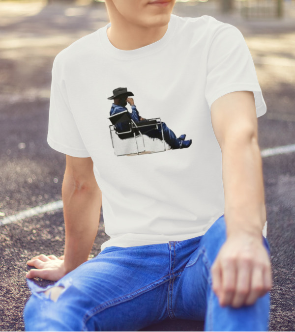 Bad Bunny Sitting Cowboy Chair Black Hat Blue T-Shirt