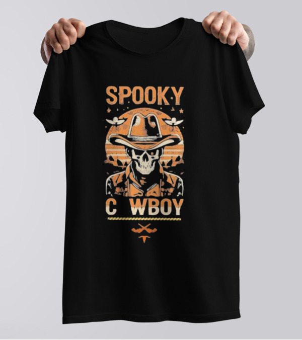 Spooky Cowboy Skeleton Skull In Hat With Sunset Trick Or Treat Halloween T-Shirt