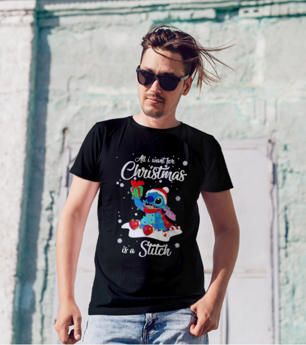 All I Want For Christmas Is A Stitch With Present And Snowflakes T-Shirt