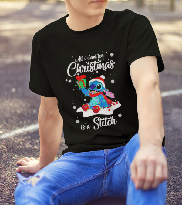 All I Want For Christmas Is A Stitch With Present And Snowflakes T-Shirt