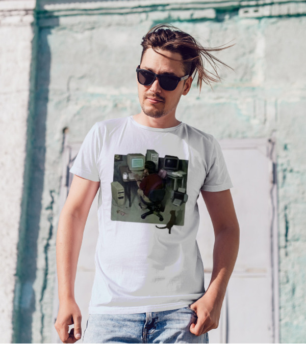 Ollie Jones Freelancer At Computer With Cat In Home Office Scene T-Shirt