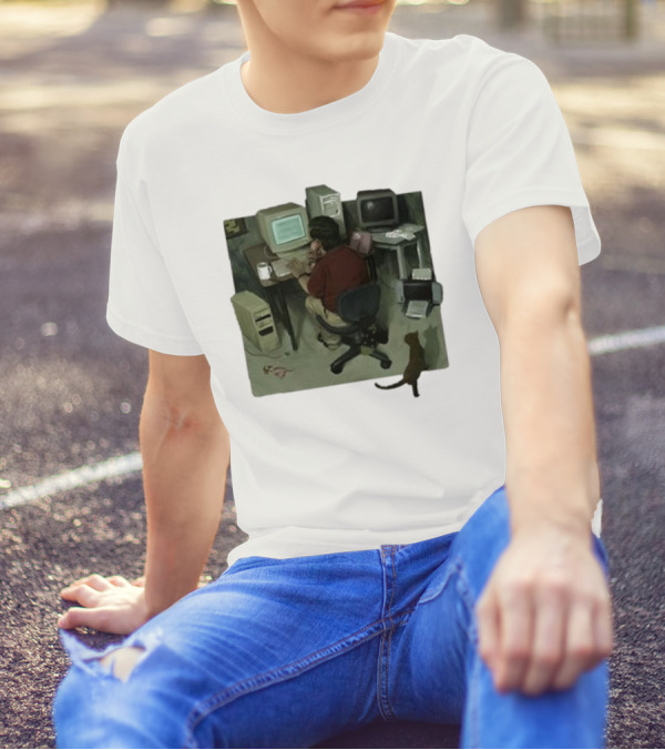 Ollie Jones Freelancer At Computer With Cat In Home Office Scene T-Shirt