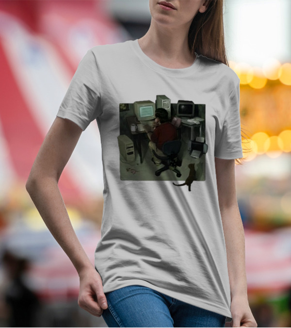 Ollie Jones Freelancer At Computer With Cat In Home Office Scene T-Shirt