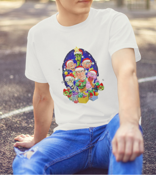 Jeff Dunham Christmas Characters With Santa Hats And Gifts Snow Merry Christmas T-Shirt