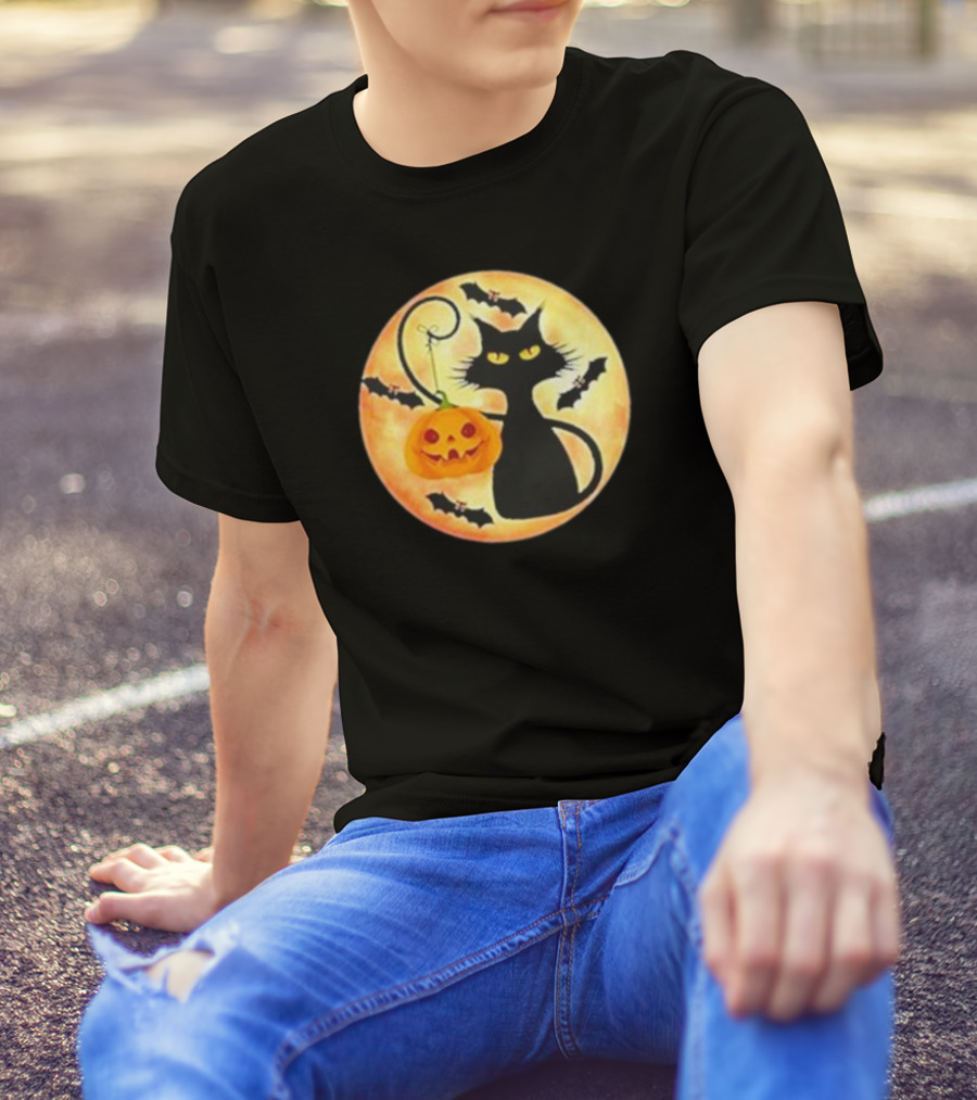 Funny Pumpkin Black Cat Halloween Witch Bat Moon T-Shirt