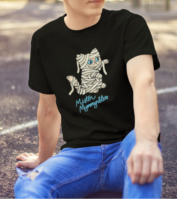 Lilbub Mister Mummyrbles Wrapped Cat With Blue Text T-Shirt