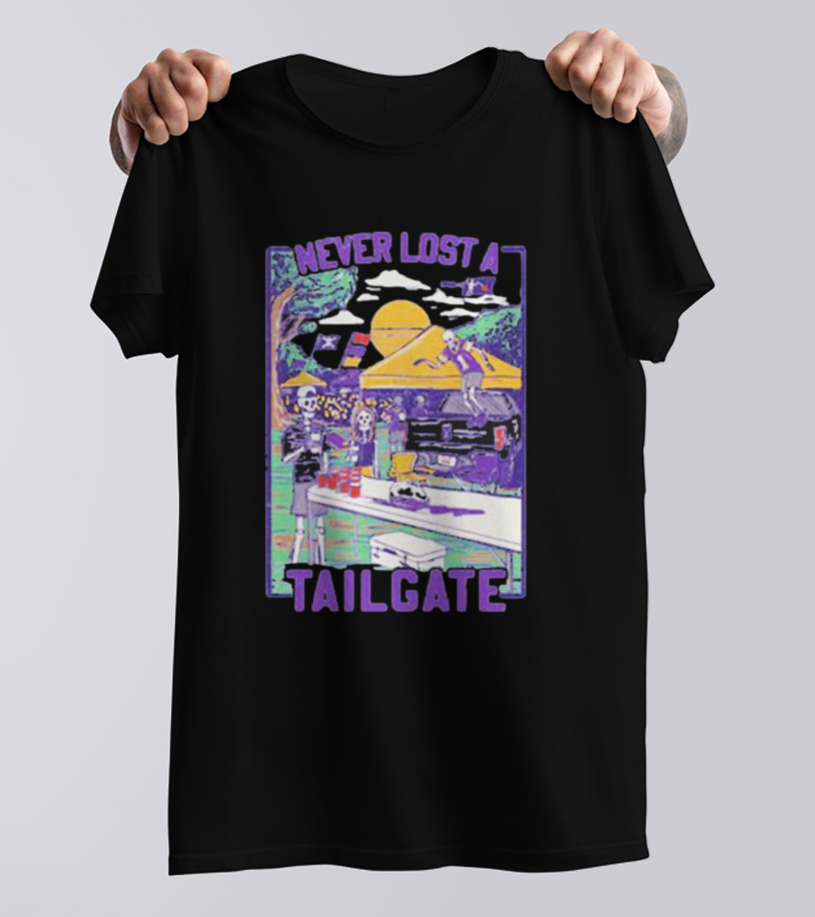 Never Lost A Tailgate Vintage Skeletons Under Yellow Tent With Sunset And Flags T-Shirt