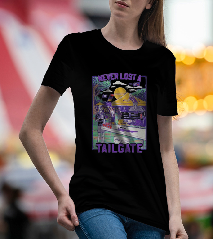 Never Lost A Tailgate Vintage Skeletons Under Yellow Tent With Sunset And Flags T-Shirt