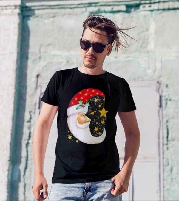 Christmas Santa Crescent Moon Starry Hat Print Crew Neck T-Shirt