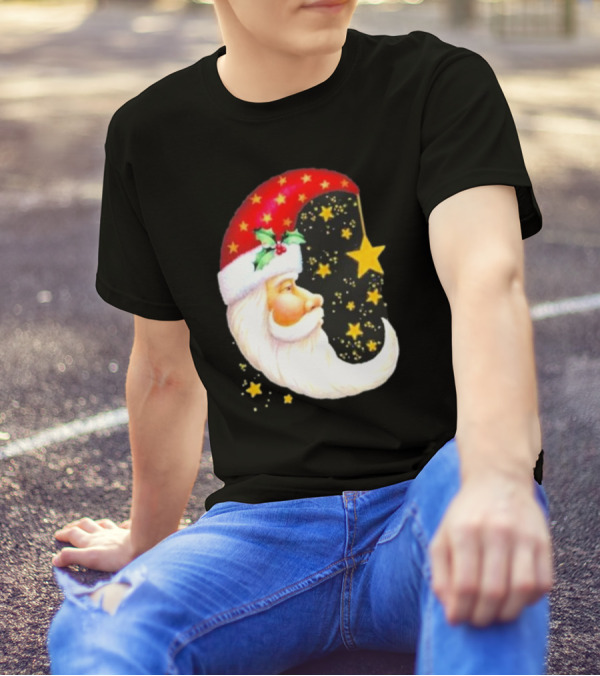 Christmas Santa Crescent Moon Starry Hat Print Crew Neck T-Shirt