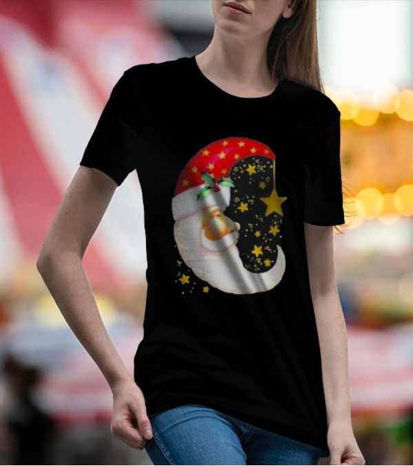 Christmas Santa Crescent Moon Starry Hat Print Crew Neck T-Shirt