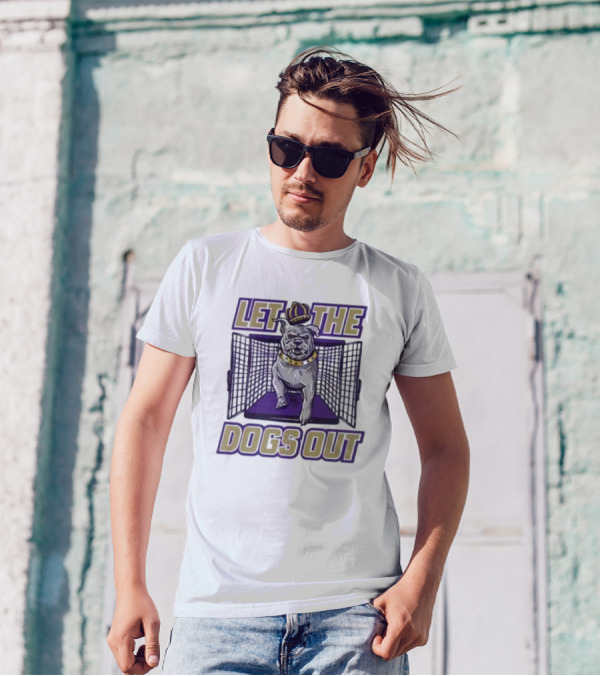 LET THE DOGS OUT Bulldog Escaping With Crown From Purple Cage T-Shirt