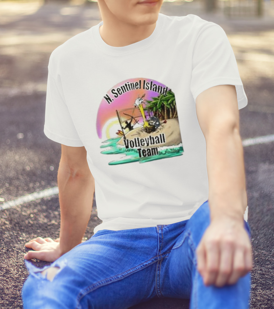N. Sentinel Island Volleyball Team Sunset Beach Scene With Palms T-Shirt