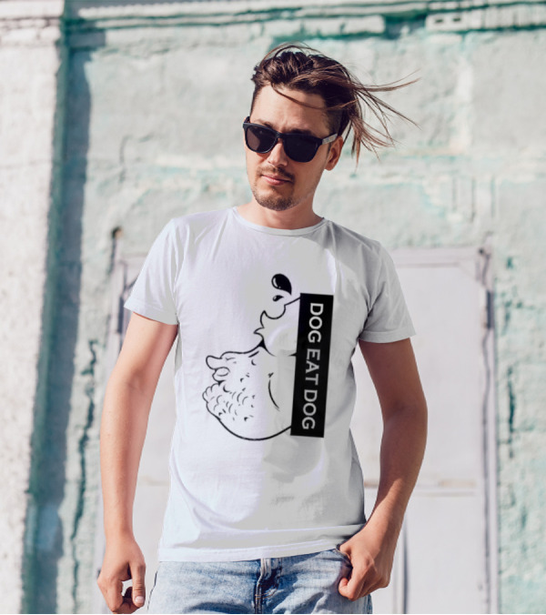 Slosh Dog Eat Dog Vertical Text Graphic With Cartoon Style Dog Outline T-Shirt