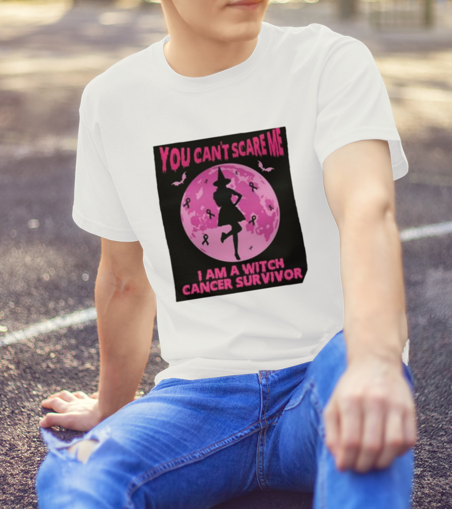 You Can’t Scare Me I Am A Witch Cancer Survivor Pink Moon Bats Ribbons T-Shirt