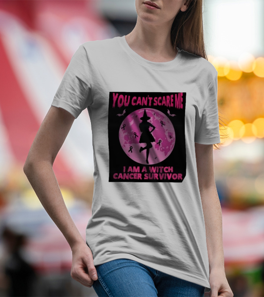 You Can’t Scare Me I Am A Witch Cancer Survivor Pink Moon Bats Ribbons T-Shirt