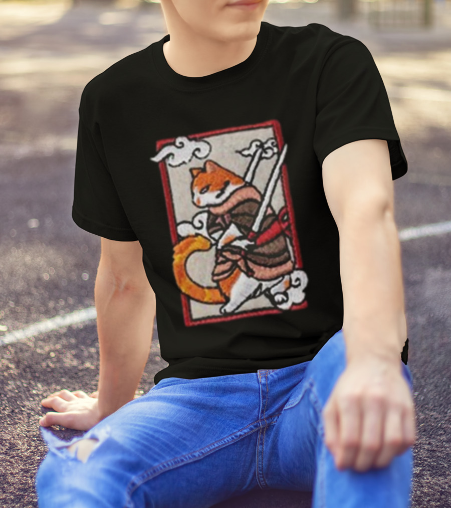 Loky Rain Loky Samurai Cat In Traditional Armor With Swords And Clouds T-Shirt
