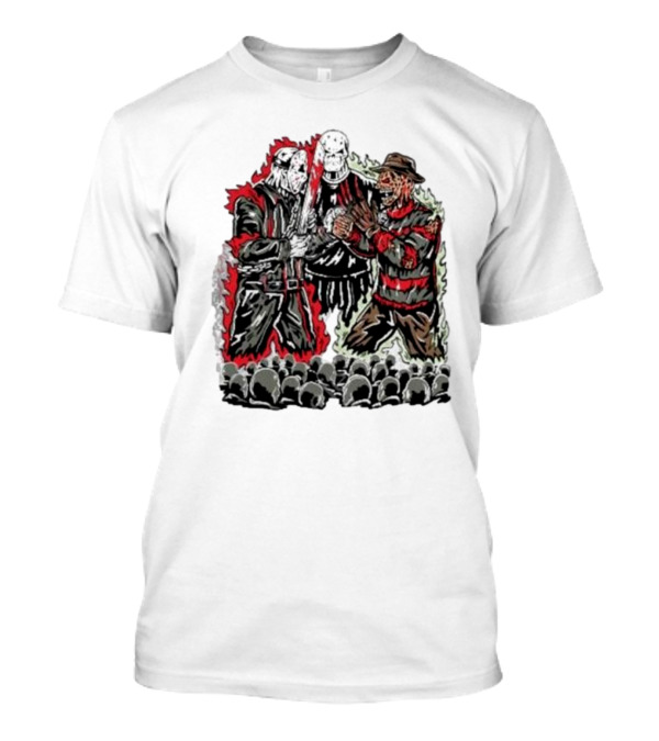 Violent Faceoff Horror Icons Showdown Freddy Krueger Vs Jason Voorhees In Front Of Crowd T-Shirt