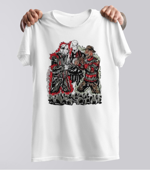 Violent Faceoff Horror Icons Showdown Freddy Krueger Vs Jason Voorhees In Front Of Crowd T-Shirt