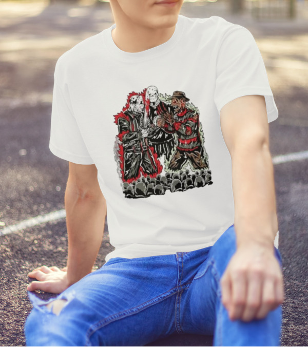 Violent Faceoff Horror Icons Showdown Freddy Krueger Vs Jason Voorhees In Front Of Crowd T-Shirt